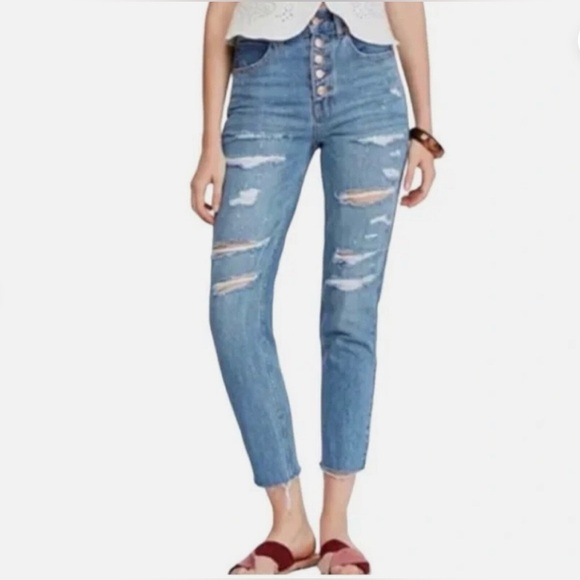 Free People-We the Free-High Rise-Distressed-Button Fly-Jeans-Denim-Crop-Sz 28 - Picture 1 of 9